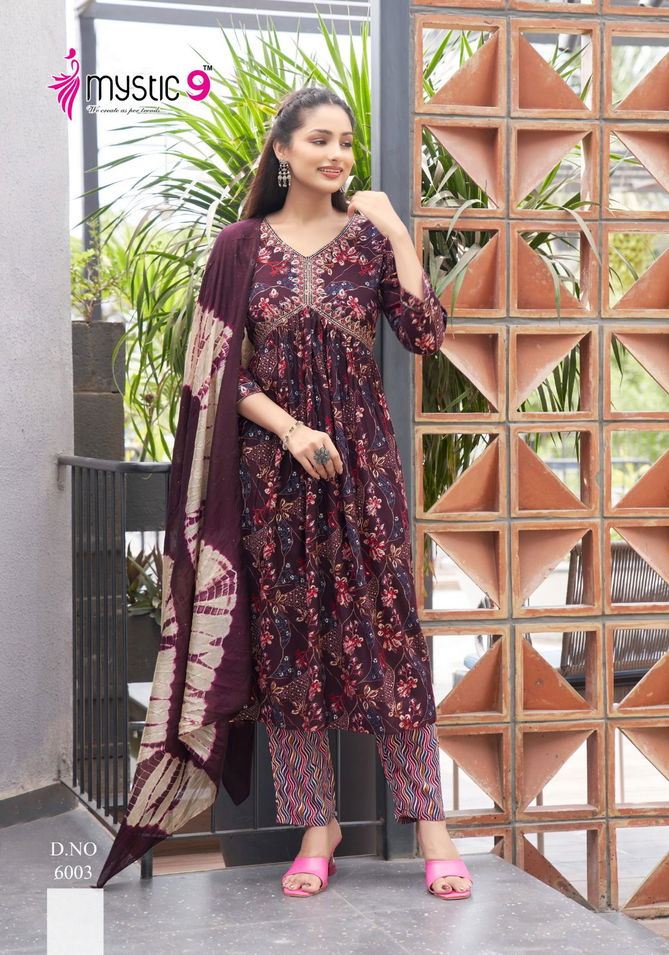 Pooja Vol 6 By Mystic 9 Rayon Aliya Cut Kurti With Bottom Dupatta Wholesale Online
